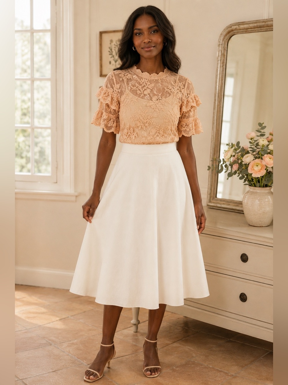 NWT Tulip B Elegant Cream Midi Skirt with High Waist Lined Pockets